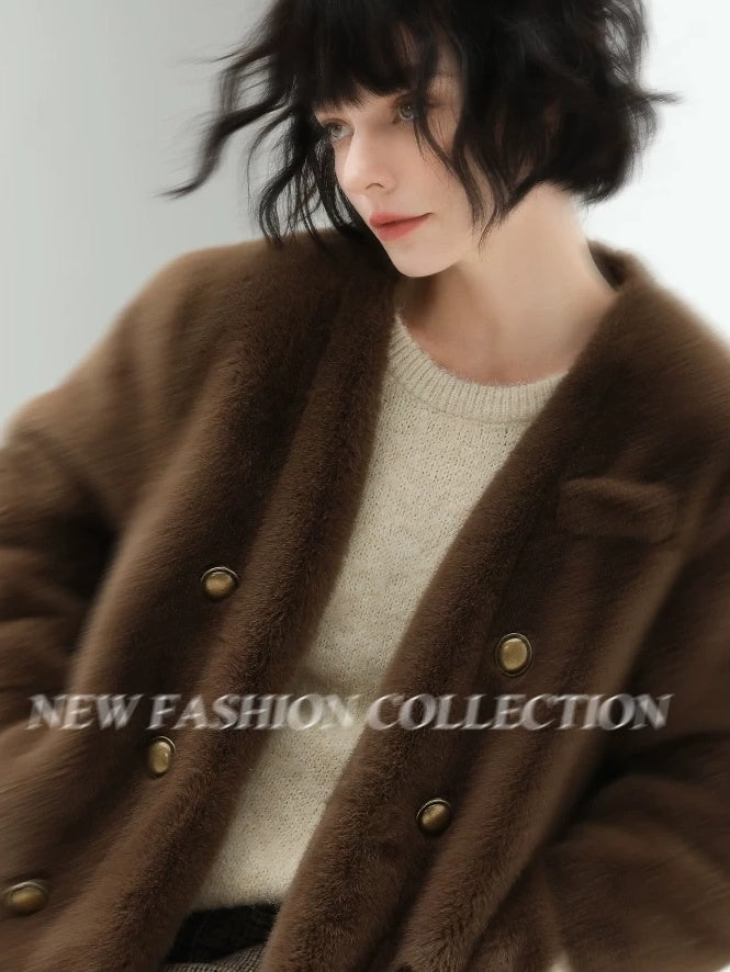COCOBELLA Full Faux Fur Plush Tailored V Neck Office Women Regular Fit Coats