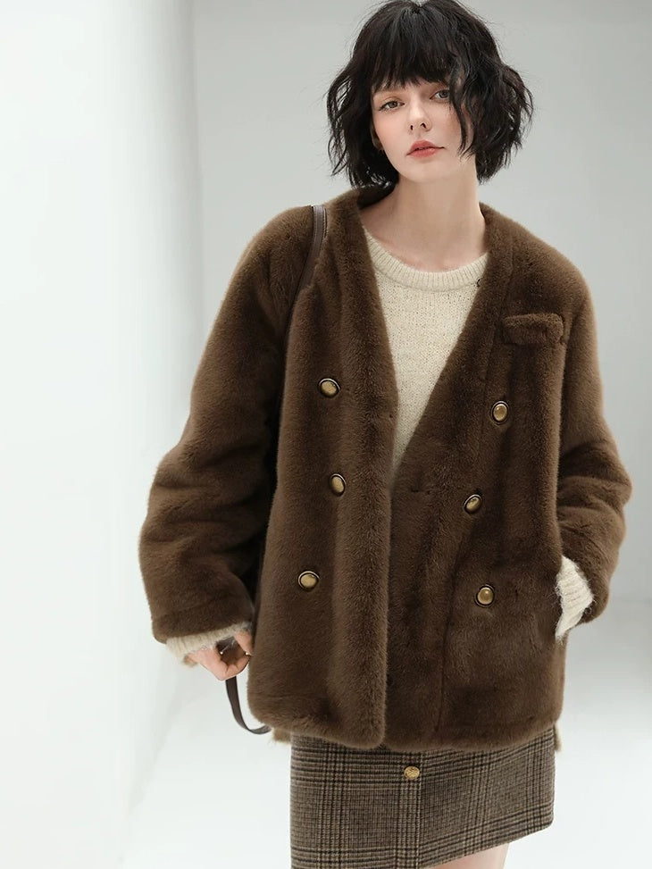 COCOBELLA Full Faux Fur Plush Tailored V Neck Office Women Regular Fit Coats