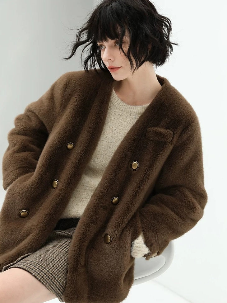 COCOBELLA Full Faux Fur Plush Tailored V Neck Office Women Regular Fit Coats