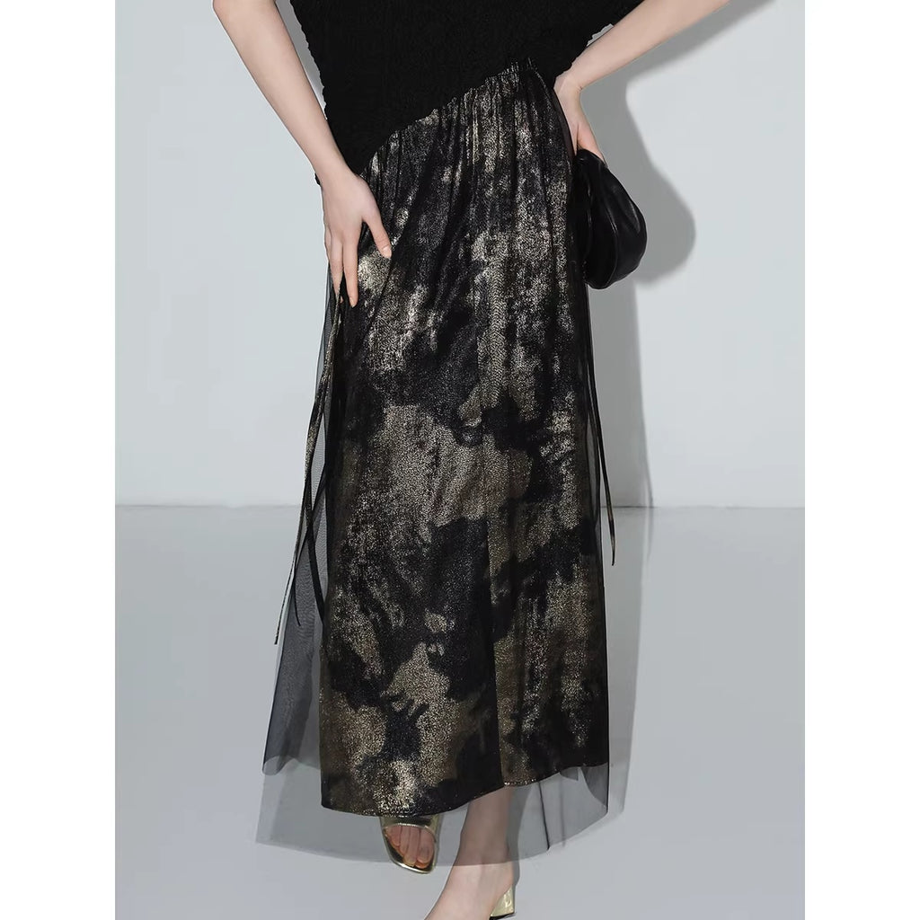 COCOBELLA_Gold_Rope_Knot_Mesh_Patchwork_Chinese_Midwaist_Office_Hline_Polyester_Skirts_MISSTT