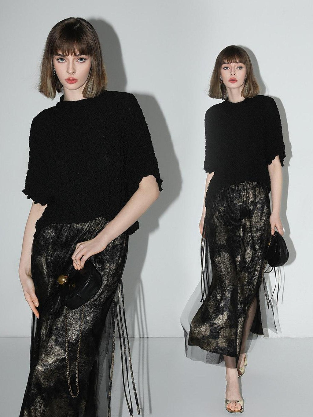 COCOBELLA Gold Rope Knot Mesh Patchwork Chinese Midwaist Office Hline Polyester Skirts