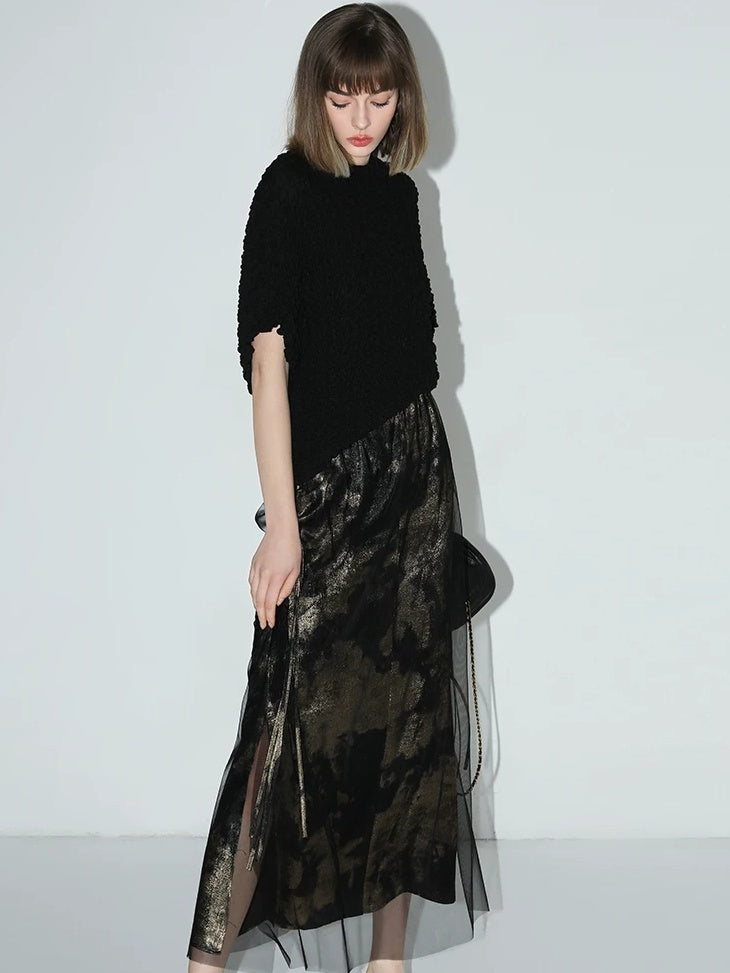 COCOBELLA Gold Rope Knot Mesh Patchwork Chinese Midwaist Office Hline Polyester Skirts