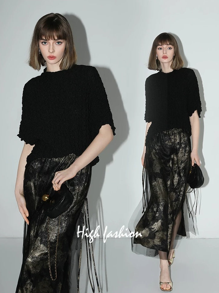 COCOBELLA Gold Rope Knot Mesh Patchwork Chinese Midwaist Office Hline Polyester Skirts