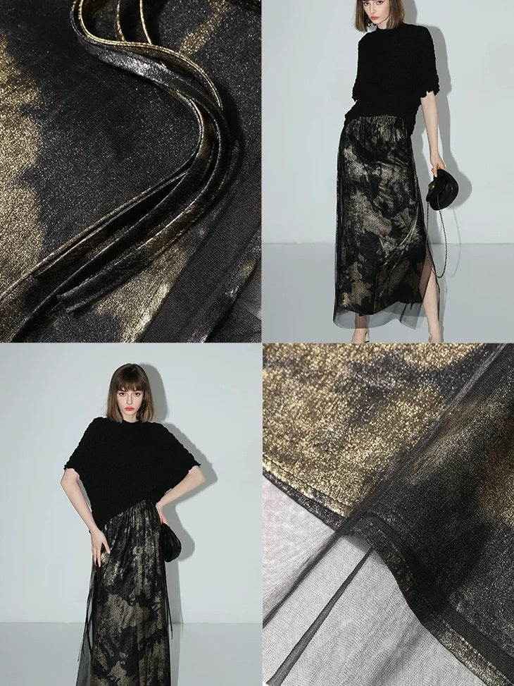 COCOBELLA Gold Rope Knot Mesh Patchwork Chinese Midwaist Office Hline Polyester Skirts