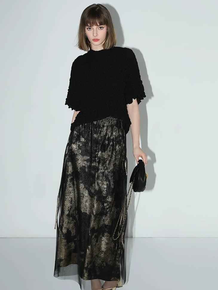 COCOBELLA Gold Rope Knot Mesh Patchwork Chinese Midwaist Office Hline Polyester Skirts