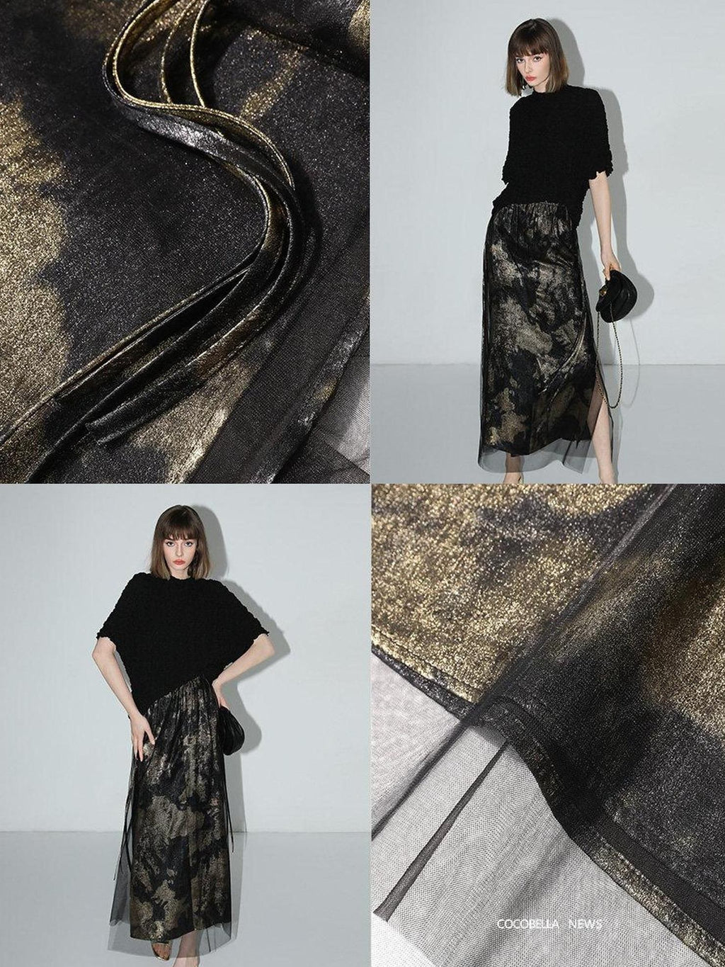 COCOBELLA Gold Rope Knot Mesh Patchwork Chinese Midwaist Office Hline Polyester Skirts