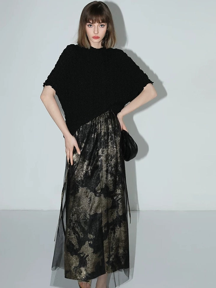 COCOBELLA Gold Rope Knot Mesh Patchwork Chinese Midwaist Office Hline Polyester Skirts