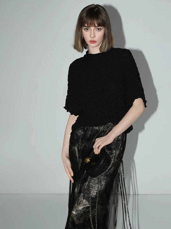 COCOBELLA Gold Rope Knot Mesh Patchwork Chinese Midwaist Office Hline Polyester Skirts