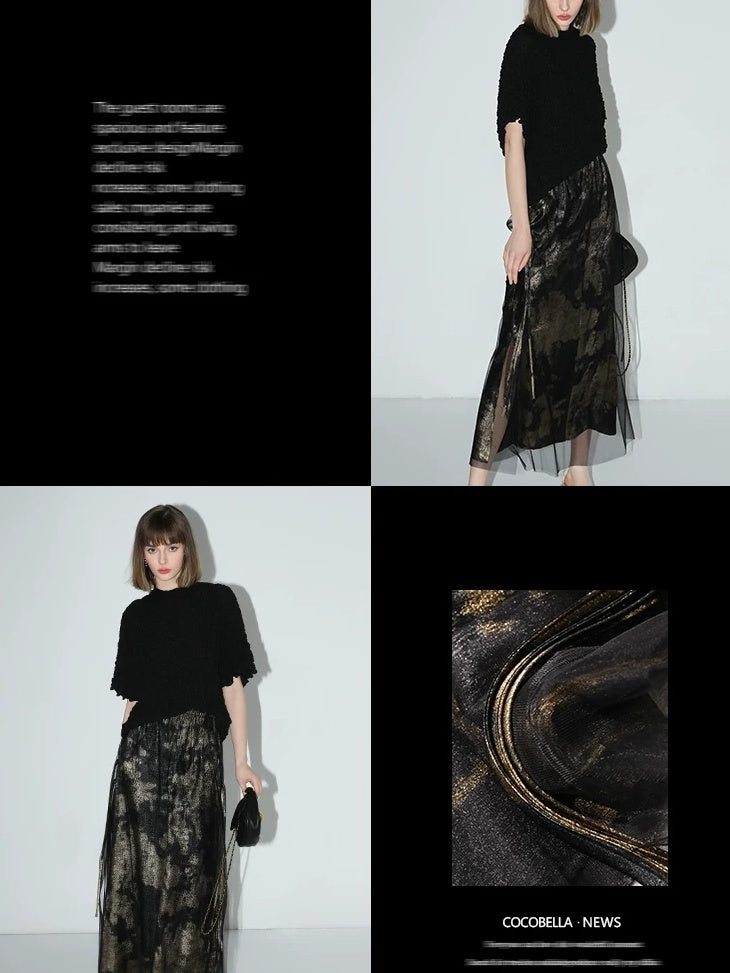 COCOBELLA Gold Rope Knot Mesh Patchwork Chinese Midwaist Office Hline Polyester Skirts