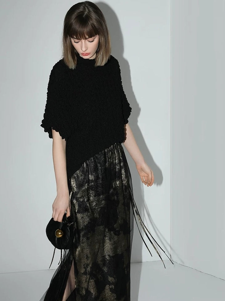 COCOBELLA Gold Rope Knot Mesh Patchwork Chinese Midwaist Office Hline Polyester Skirts