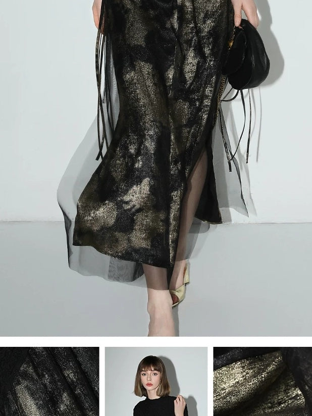 COCOBELLA Gold Rope Knot Mesh Patchwork Chinese Midwaist Office Hline Polyester Skirts