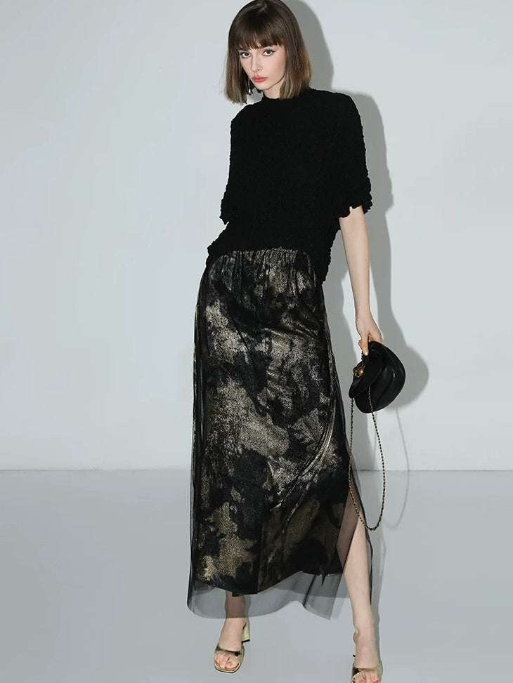 COCOBELLA Gold Rope Knot Mesh Patchwork Chinese Midwaist Office Hline Polyester Skirts