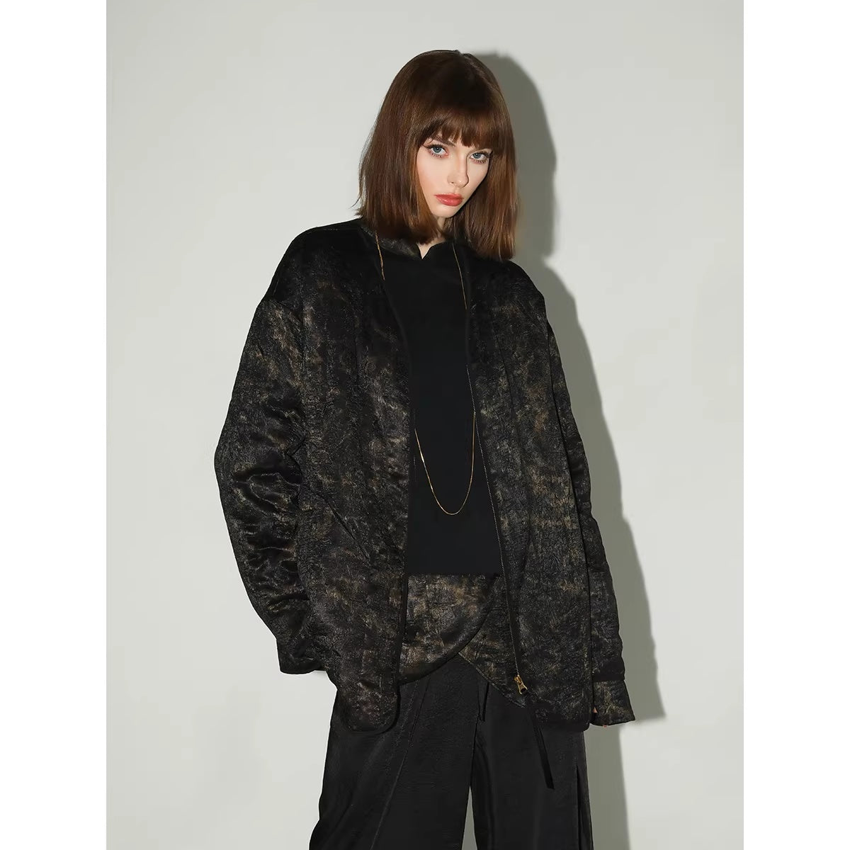 COCOBELLA_Gold_Trim_Ruched_Zip_Straight_Women_Obsidian_Black_Short_Padded_Jackets_MISSTT