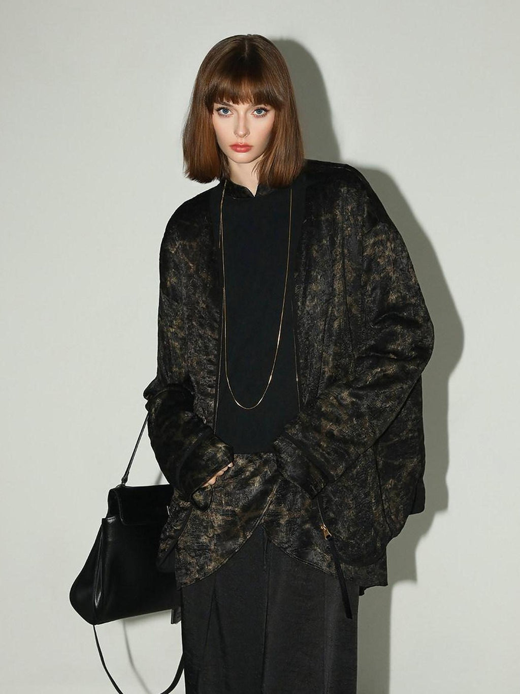 COCOBELLA Gold Trim Ruched Zip Straight Women Obsidian Black Short Padded Jackets