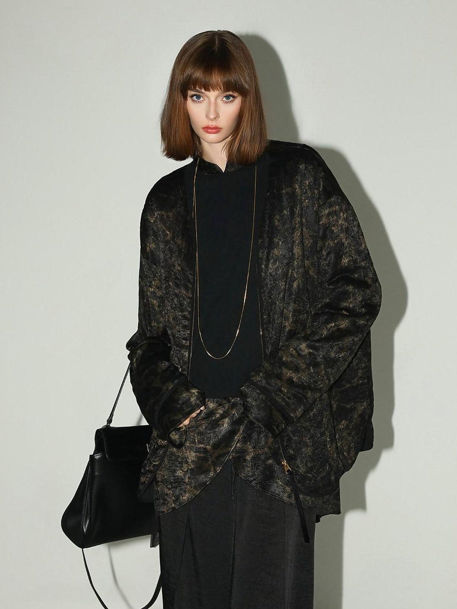 COCOBELLA Gold Trim Ruched Zip Straight Women Obsidian Black Short Padded Jackets