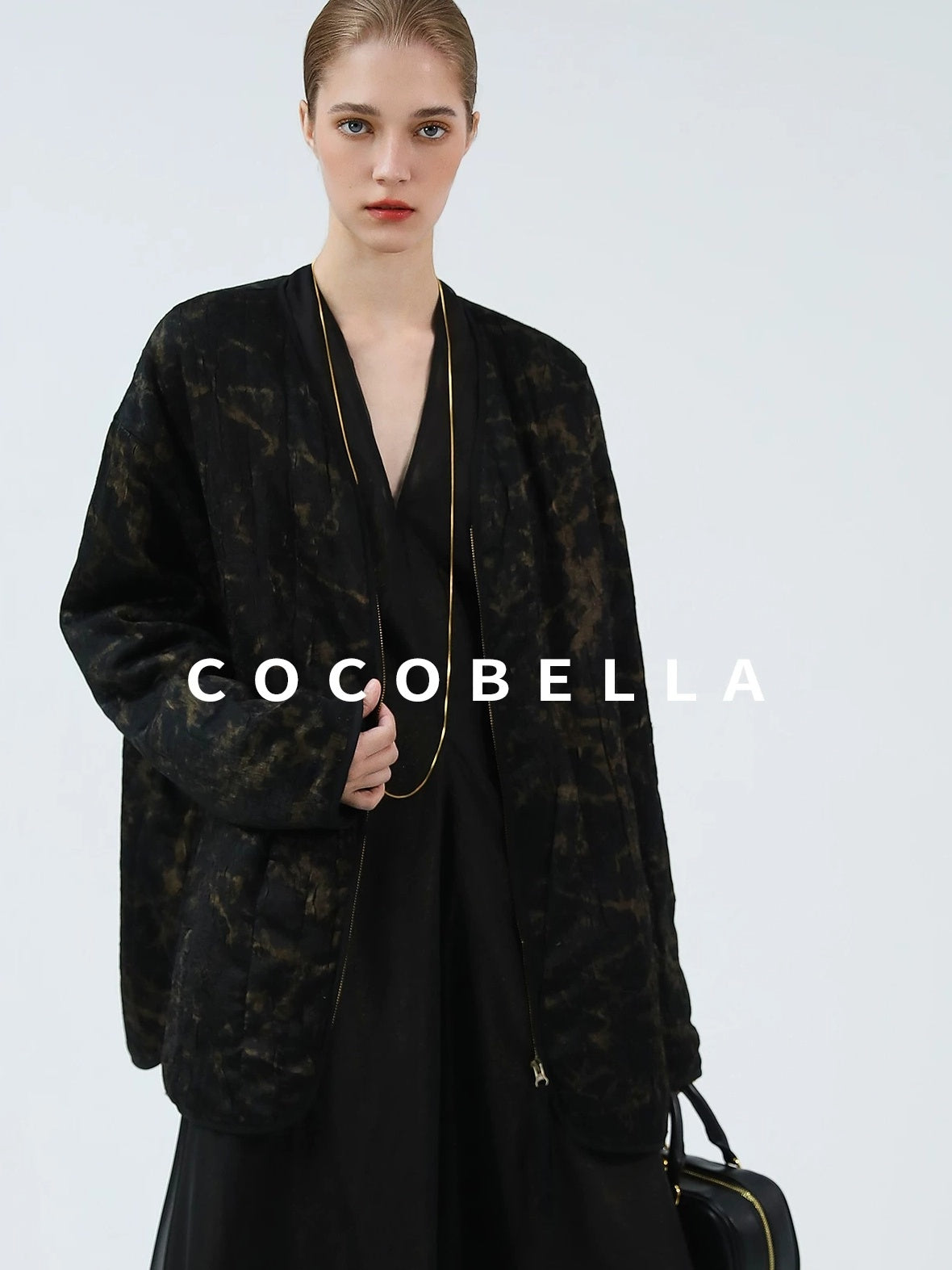 COCOBELLA Gold Trim Ruched Zip Straight Women Obsidian Black Short Padded Jackets