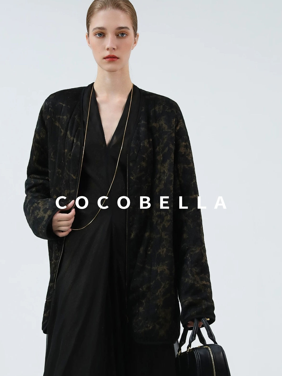 COCOBELLA Gold Trim Ruched Zip Straight Women Obsidian Black Short Padded Jackets