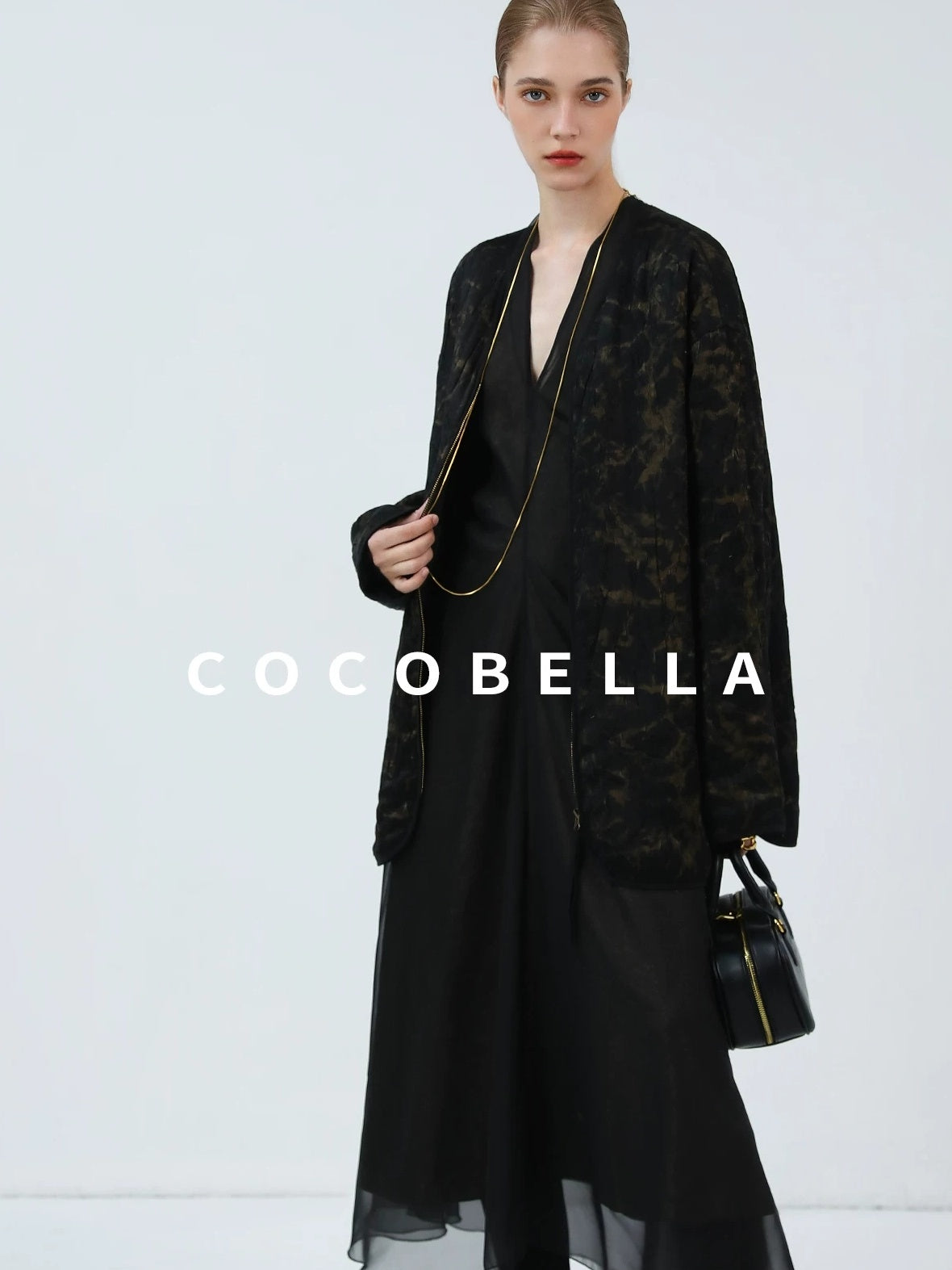 COCOBELLA Gold Trim Ruched Zip Straight Women Obsidian Black Short Padded Jackets