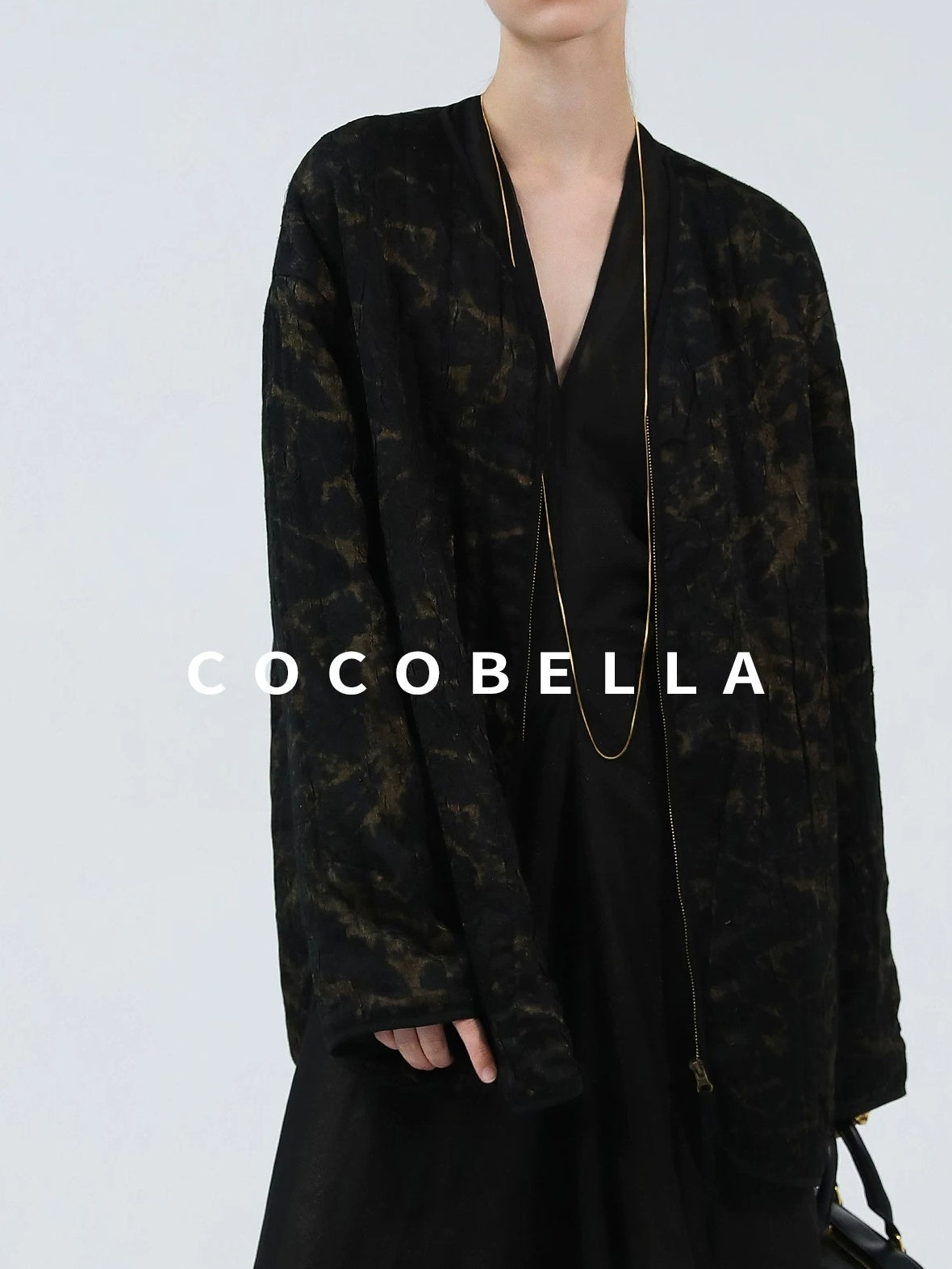 COCOBELLA Gold Trim Ruched Zip Straight Women Obsidian Black Short Padded Jackets