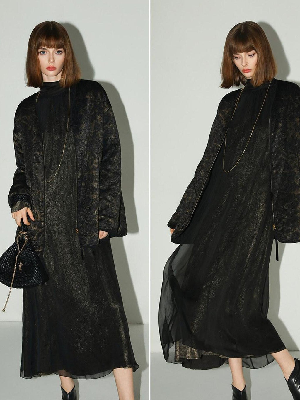 COCOBELLA Gold Trim Ruched Zip Straight Women Obsidian Black Short Padded Jackets