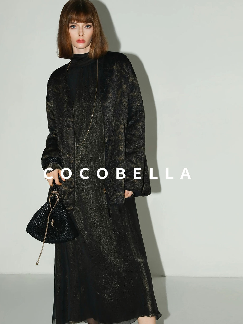 COCOBELLA Gold Trim Ruched Zip Straight Women Obsidian Black Short Padded Jackets