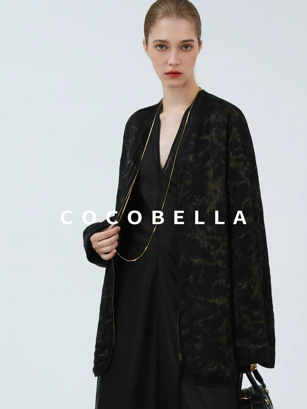 COCOBELLA Gold Trim Ruched Zip Straight Women Obsidian Black Short Padded Jackets