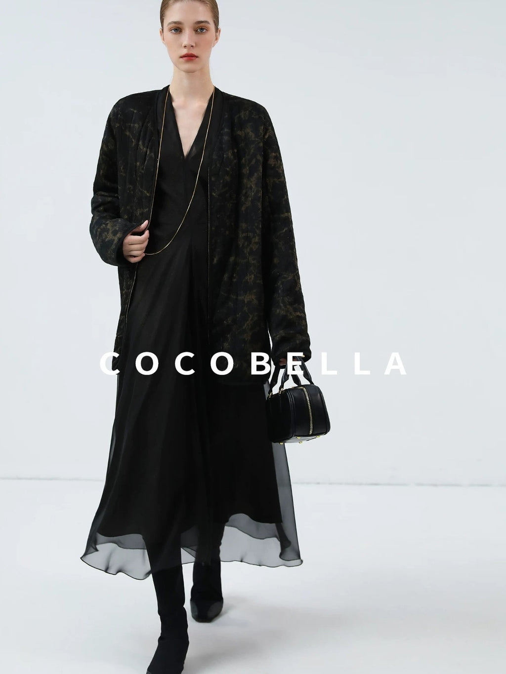 COCOBELLA Gold Trim Ruched Zip Straight Women Obsidian Black Short Padded Jackets