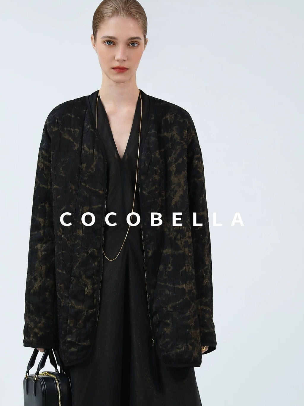 COCOBELLA Gold Trim Ruched Zip Straight Women Obsidian Black Short Padded Jackets