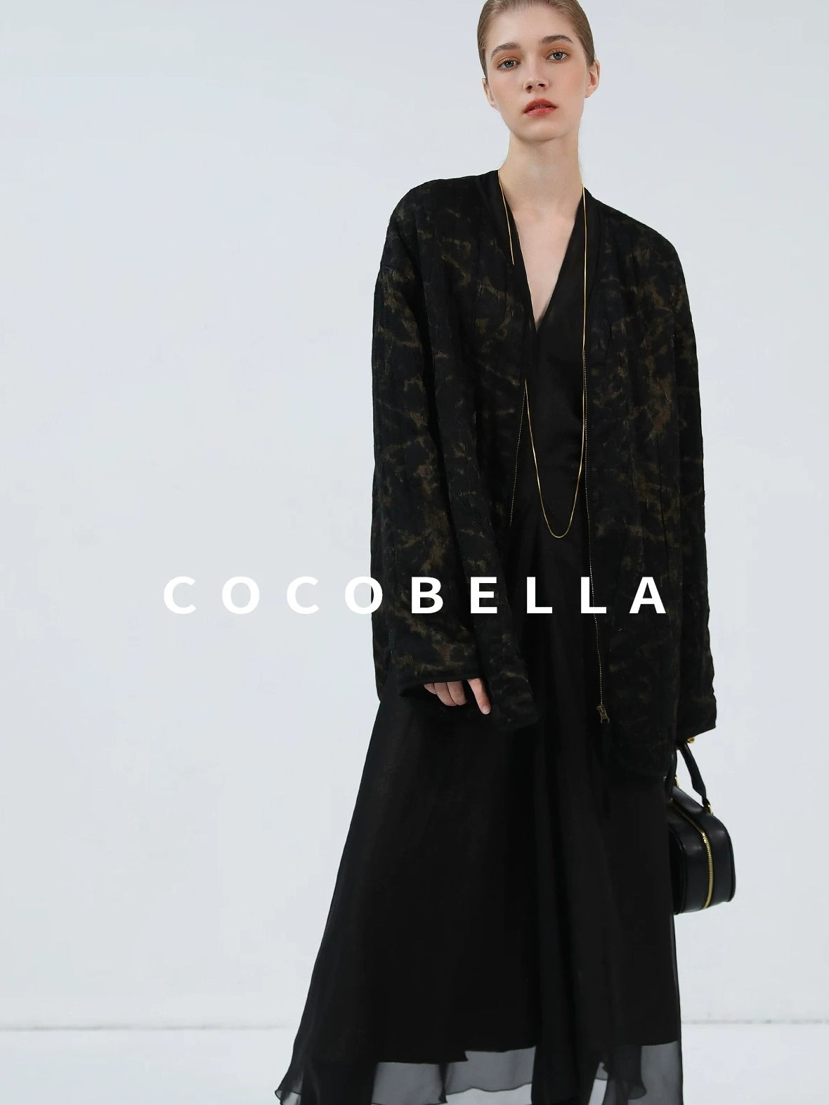 COCOBELLA Gold Trim Ruched Zip Straight Women Obsidian Black Short Padded Jackets