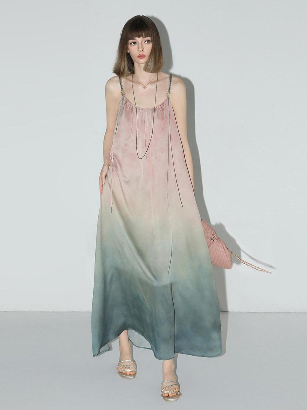 COCOBELLA Gradient Ruched Tie Spaghetti Slip Floral 3D Decor Loose Waist Aline Dresses