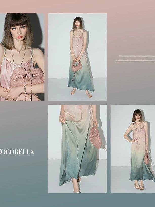 COCOBELLA Gradient Ruched Tie Spaghetti Slip Floral 3D Decor Loose Waist Aline Dresses