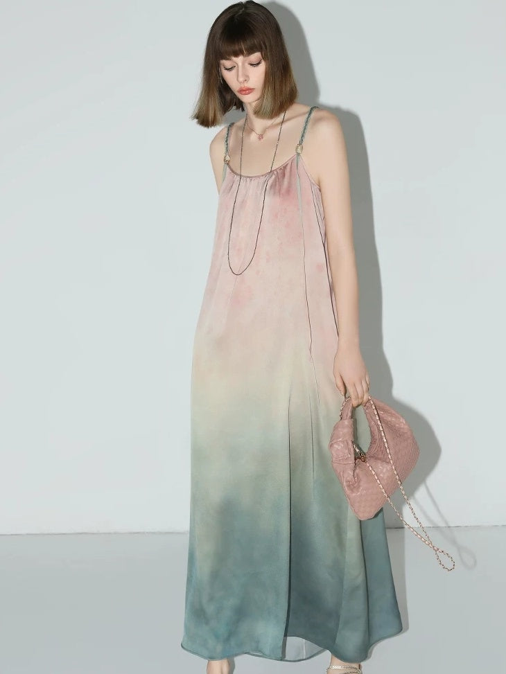 COCOBELLA Gradient Ruched Tie Spaghetti Slip Floral 3D Decor Loose Waist Aline Dresses