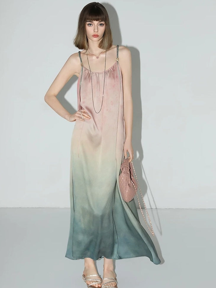 COCOBELLA Gradient Ruched Tie Spaghetti Slip Floral 3D Decor Loose Waist Aline Dresses