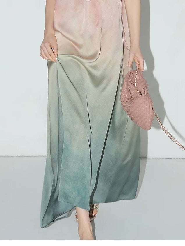 COCOBELLA Gradient Ruched Tie Spaghetti Slip Floral 3D Decor Loose Waist Aline Dresses