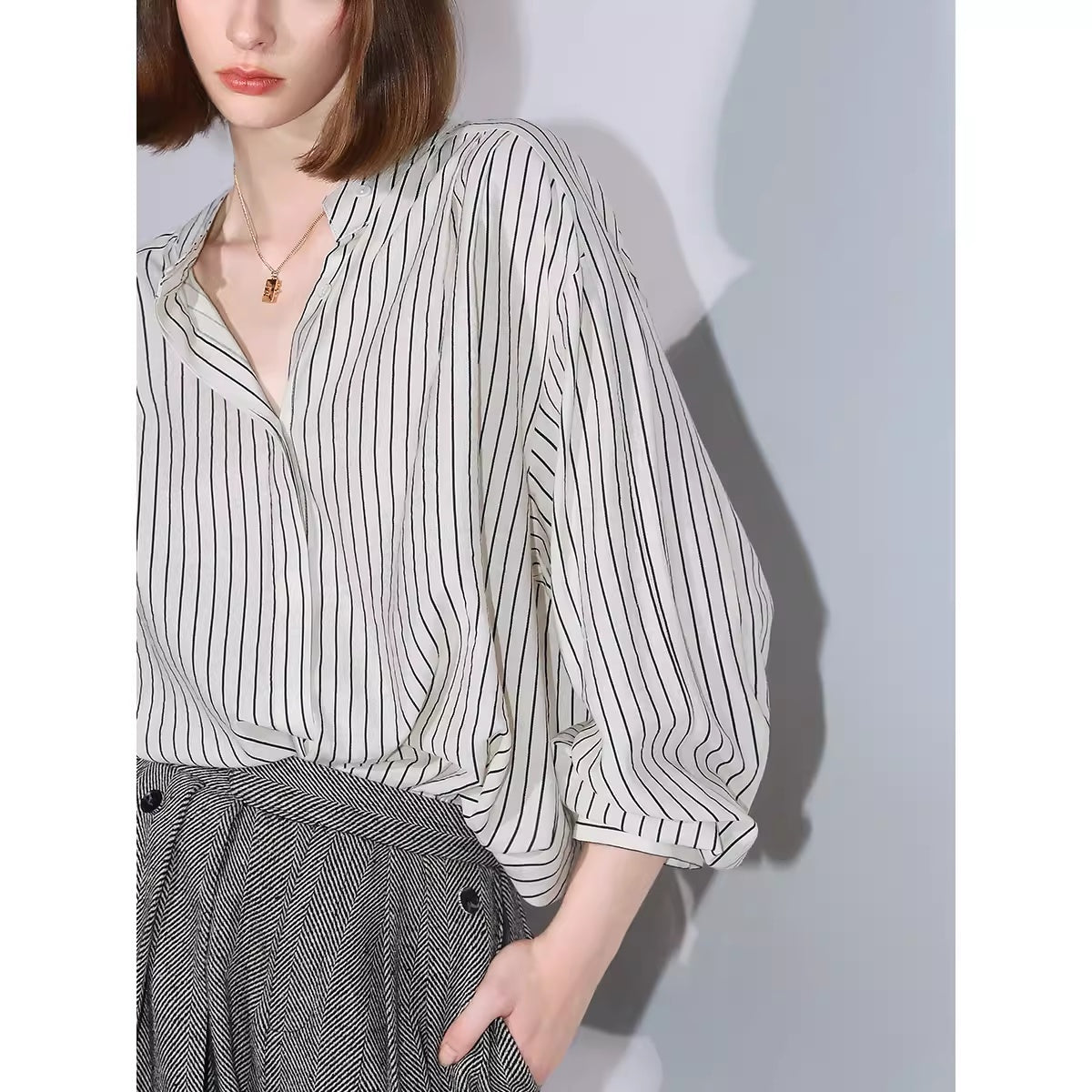 COCOBELLA_Herringbone_One_Button_Casual_Straight_Fit_Blazer_Collar_Women_Office_Shirts_MISSTT