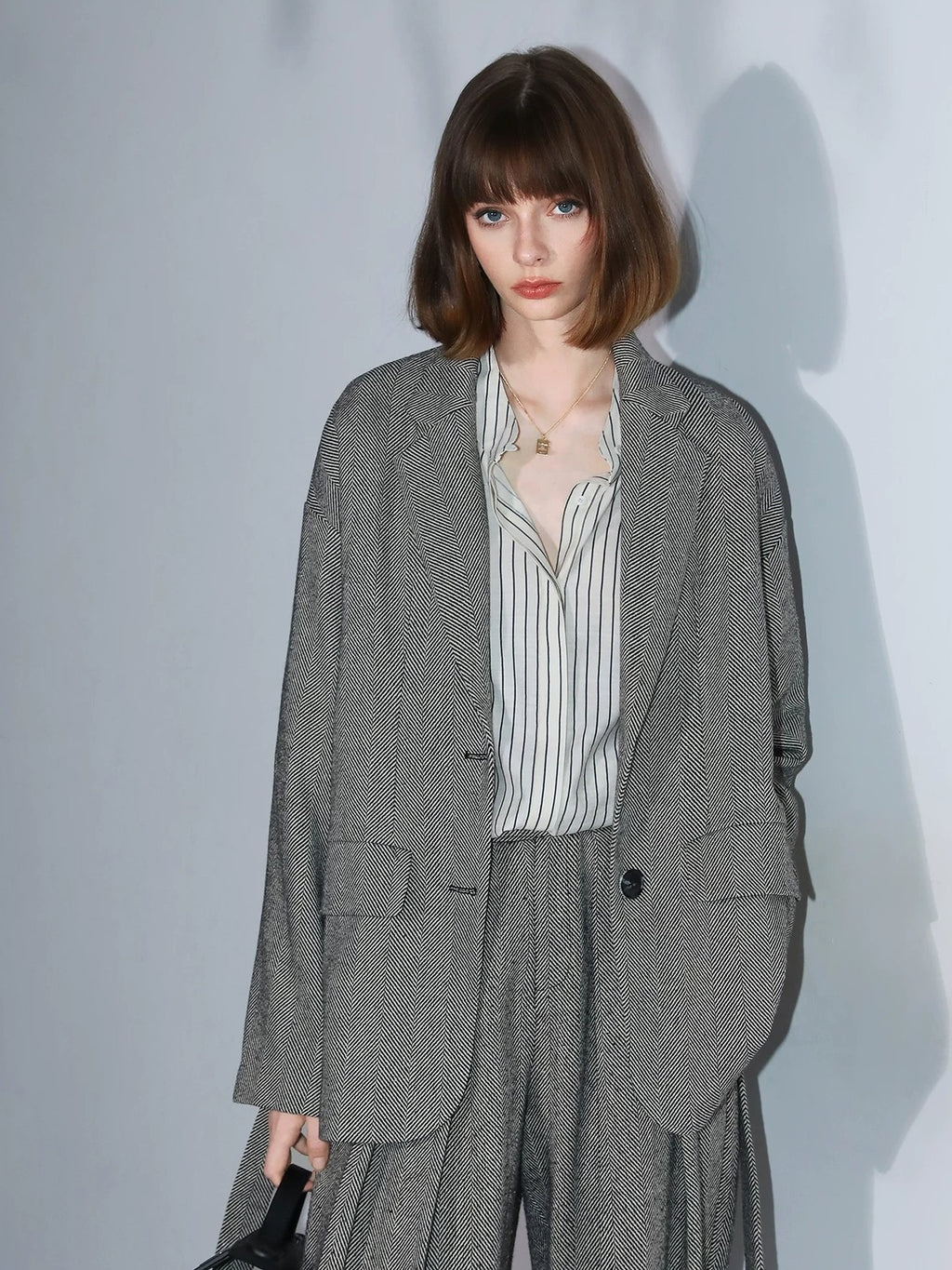 COCOBELLA Herringbone One Button Casual Straight Fit Blazer Collar Women Office Shirts