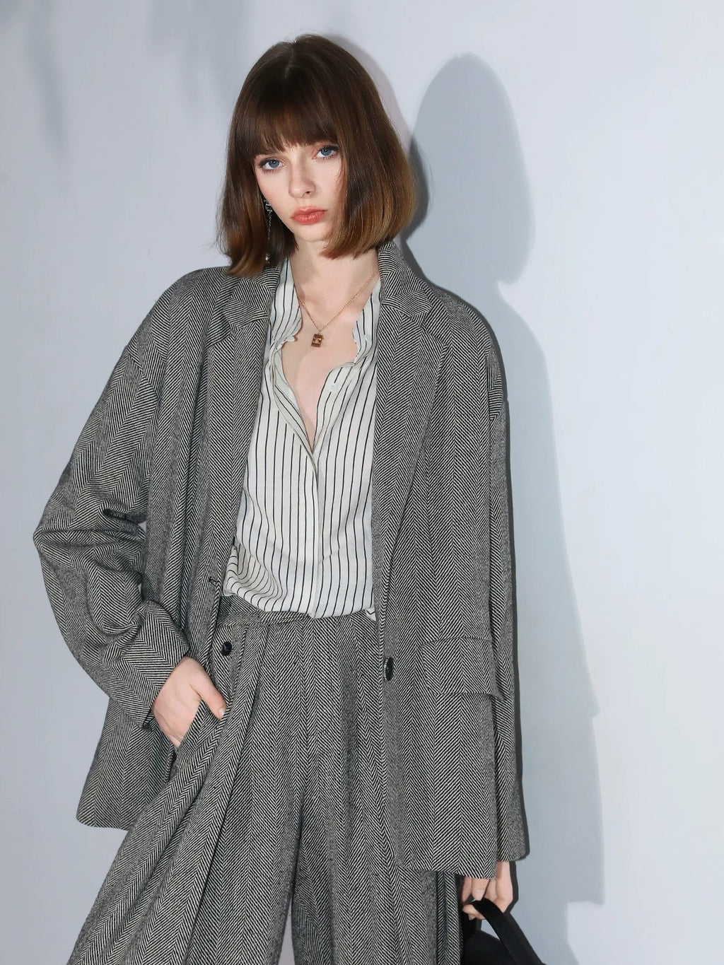 COCOBELLA Herringbone One Button Casual Straight Fit Blazer Collar Women Office Shirts