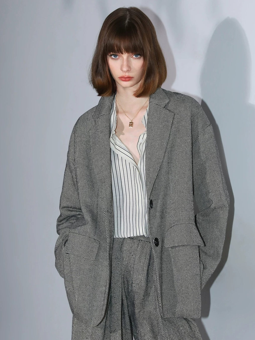 COCOBELLA Herringbone One Button Casual Straight Fit Blazer Collar Women Office Shirts