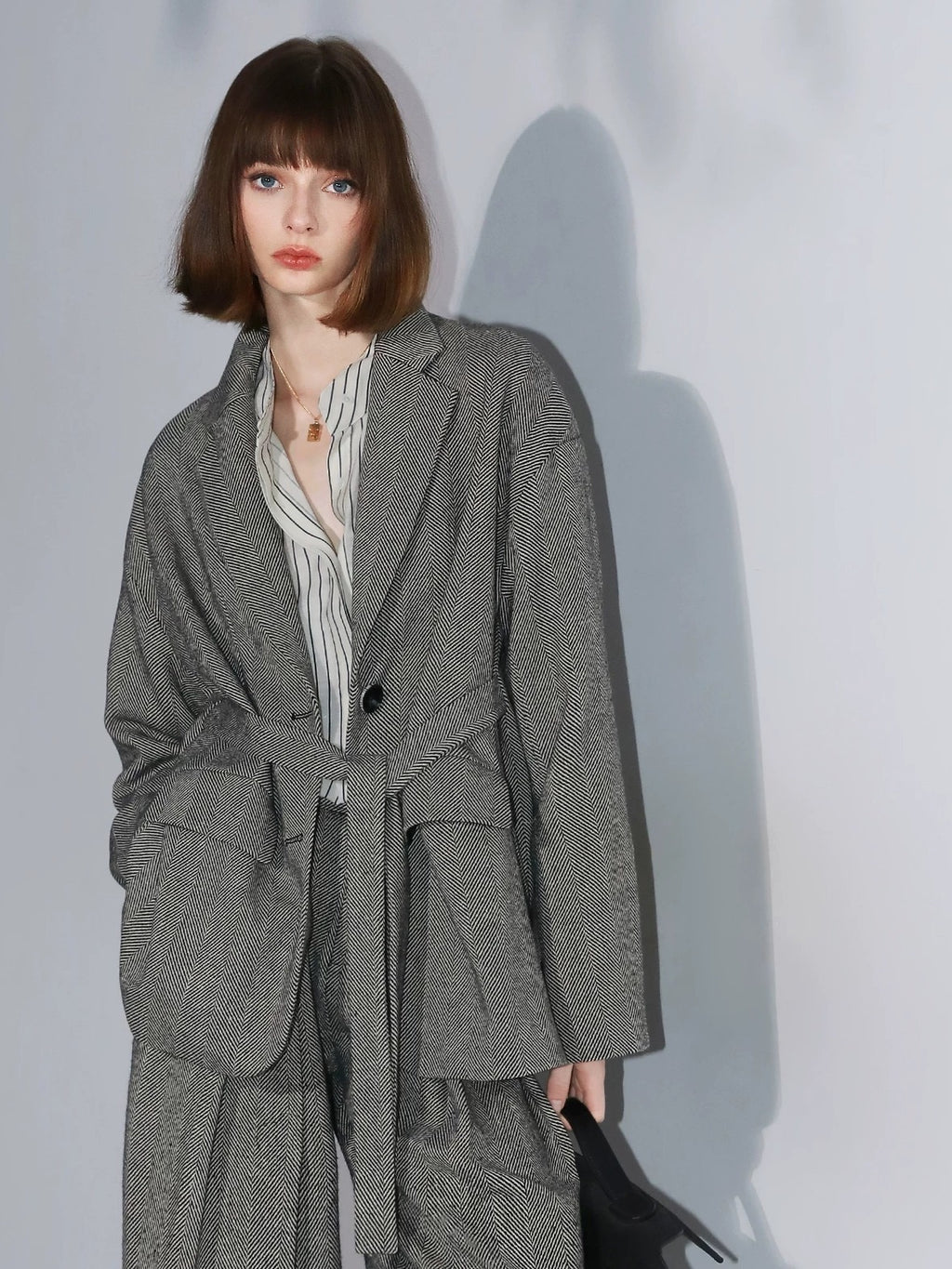 COCOBELLA Herringbone One Button Casual Straight Fit Blazer Collar Women Office Shirts