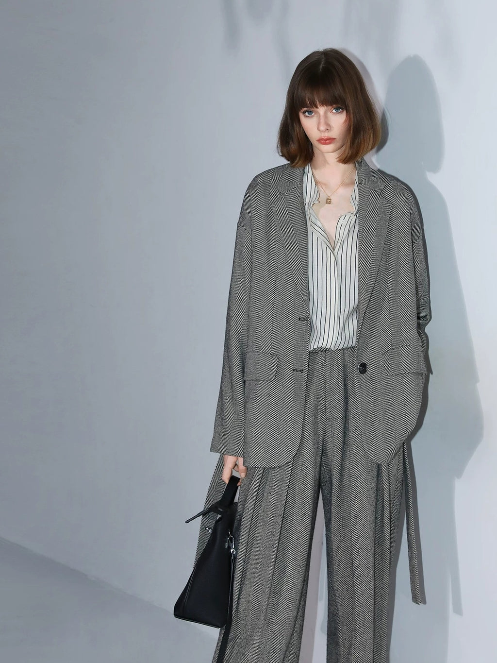 COCOBELLA Herringbone One Button Casual Straight Fit Blazer Collar Women Office Shirts