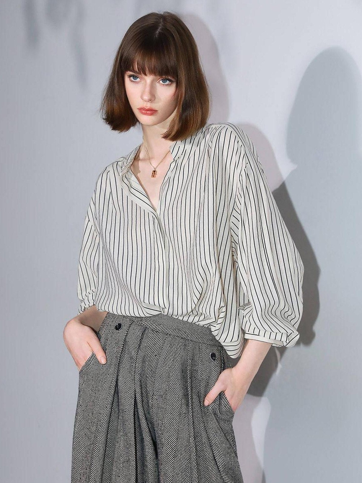 COCOBELLA Herringbone One Button Casual Straight Fit Blazer Collar Women Office Shirts