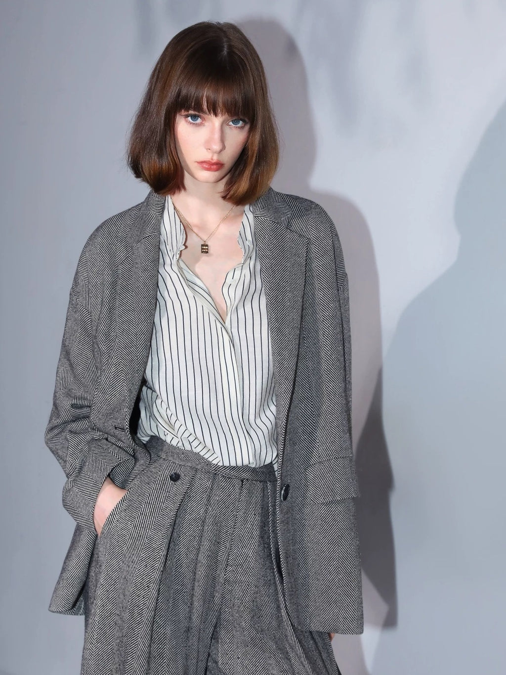 COCOBELLA Herringbone One Button Casual Straight Fit Blazer Collar Women Office Shirts