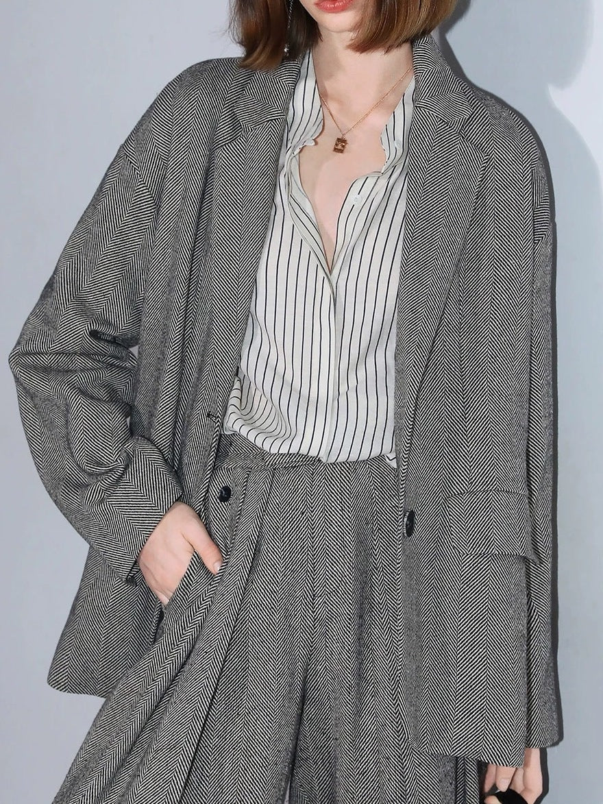 COCOBELLA Herringbone One Button Casual Straight Fit Blazer Collar Women Office Shirts