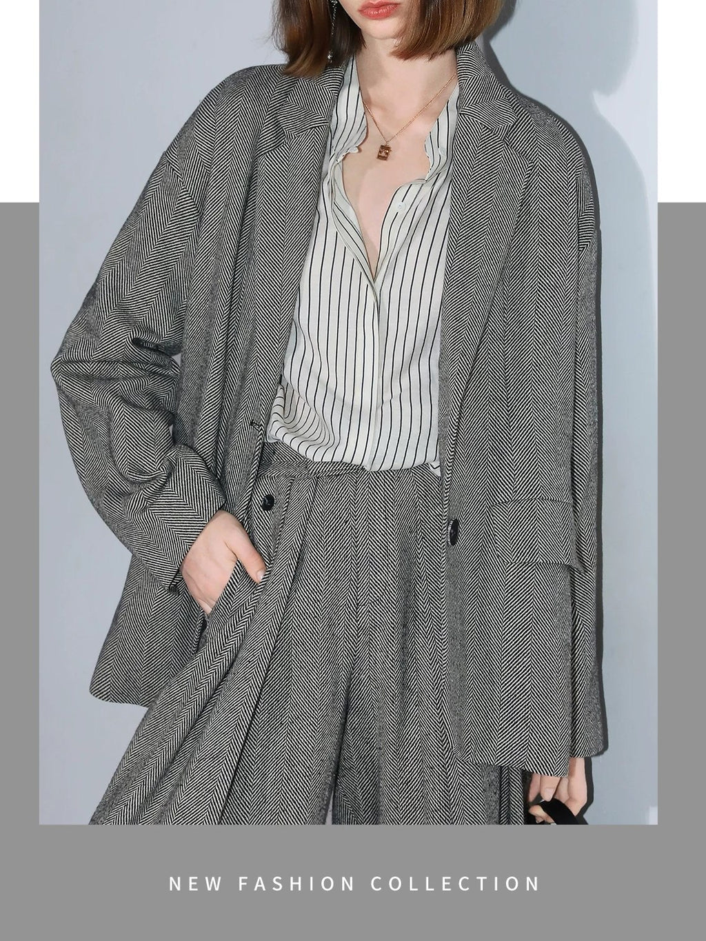 COCOBELLA Herringbone One Button Casual Straight Fit Blazer Collar Women Office Shirts