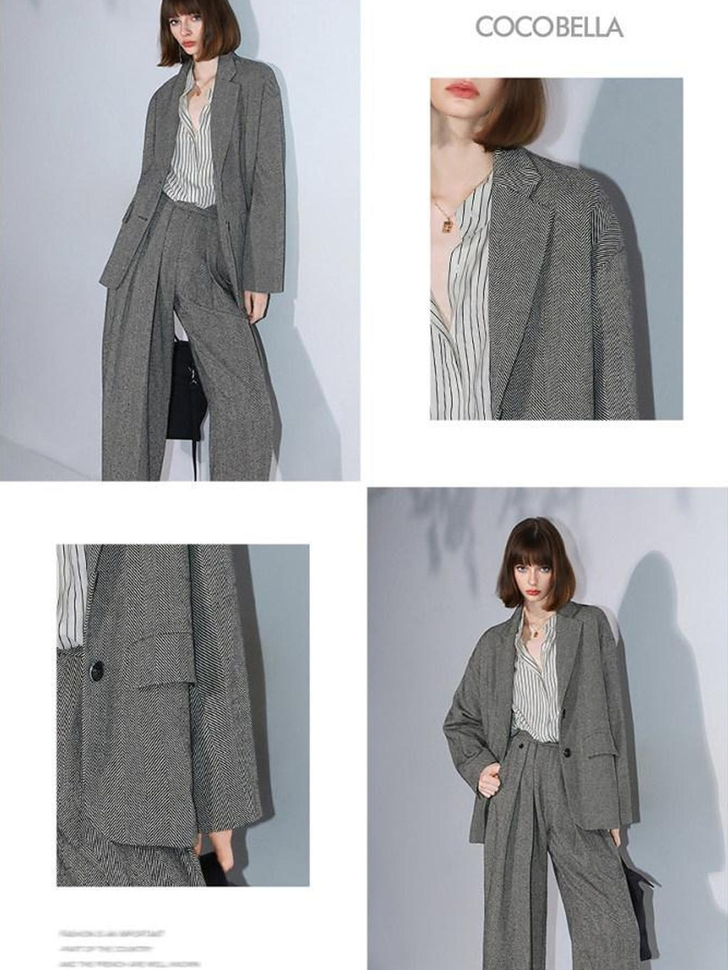 COCOBELLA Herringbone Straight Fit Casual Single Button Tailored Office Women Blazers