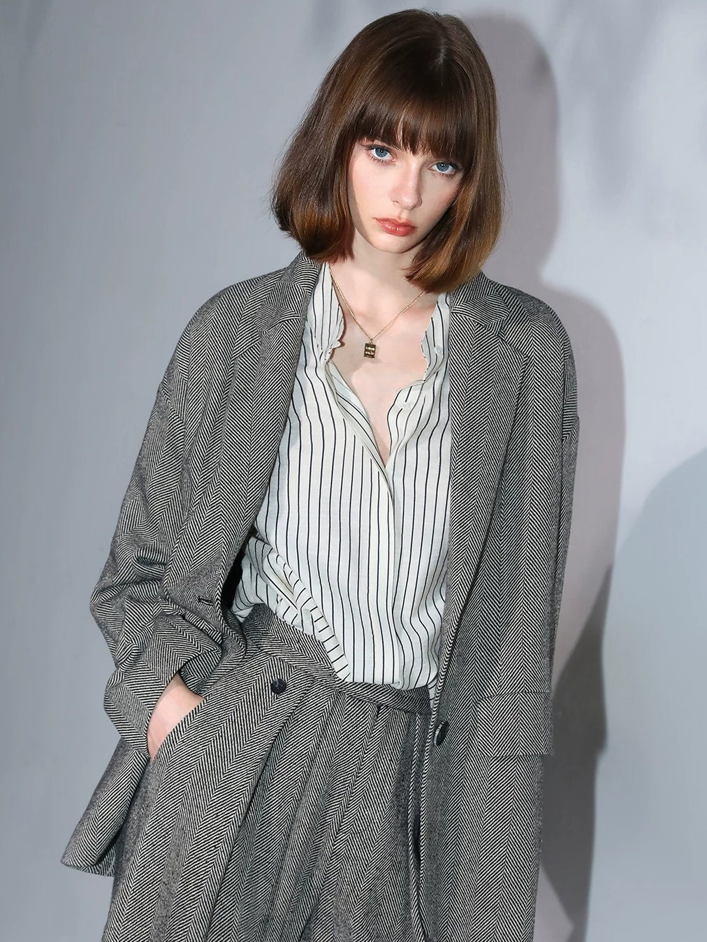 COCOBELLA Herringbone Straight Fit Casual Single Button Tailored Office Women Blazers