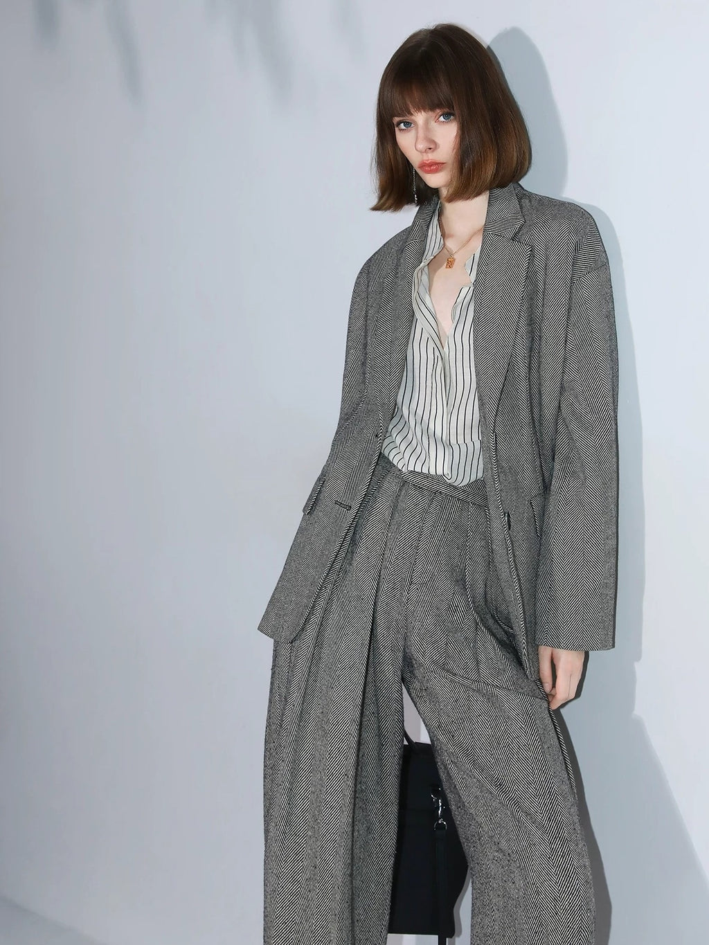 COCOBELLA Herringbone Straight Fit Casual Single Button Tailored Office Women Blazers