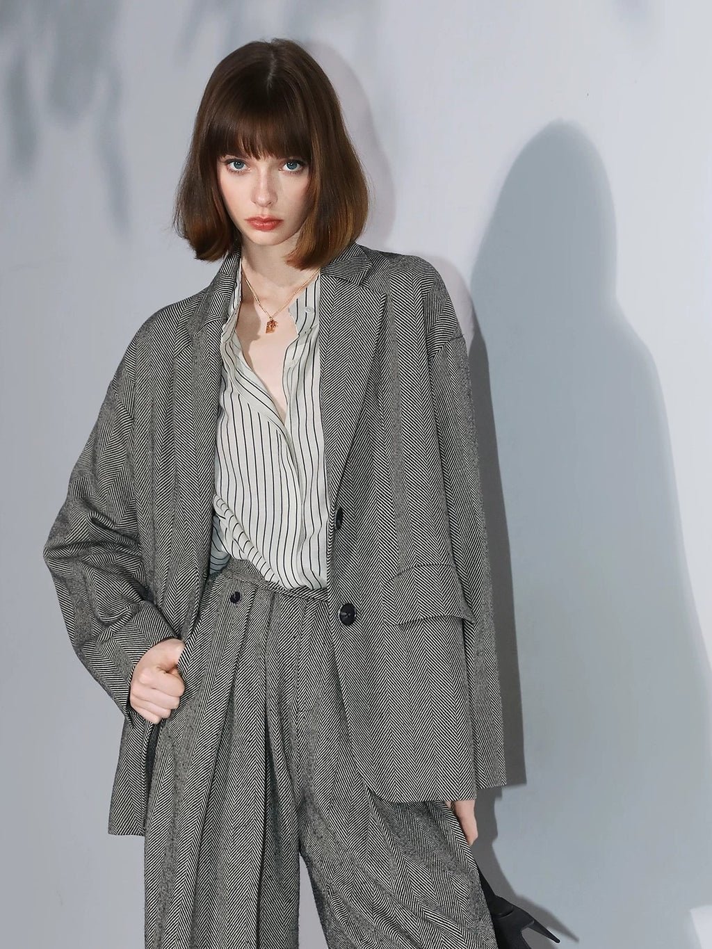 COCOBELLA Herringbone Straight Fit Casual Single Button Tailored Office Women Blazers