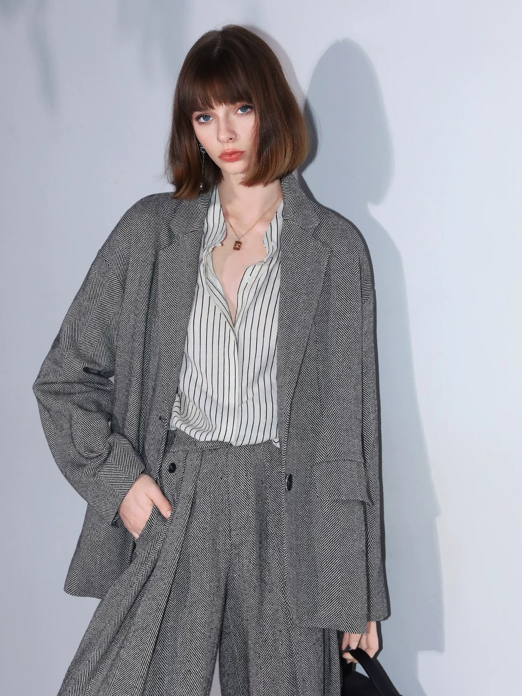 COCOBELLA Herringbone Straight Fit Casual Single Button Tailored Office Women Blazers