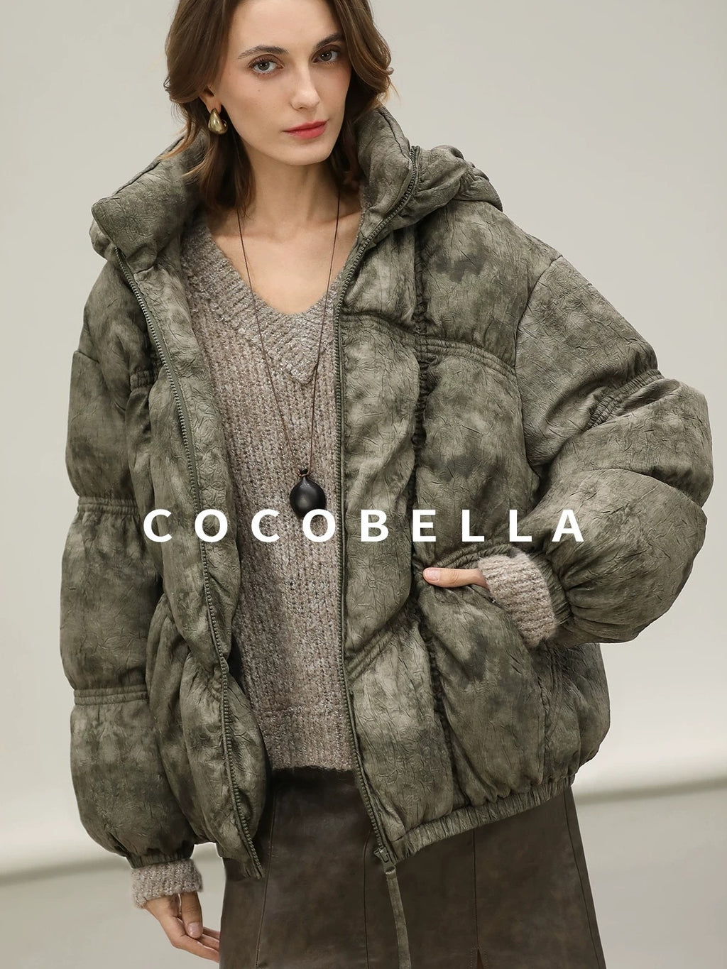 COCOBELLA High Fill White Duck Down Ombre Geometric Midlength Office Down Jackets